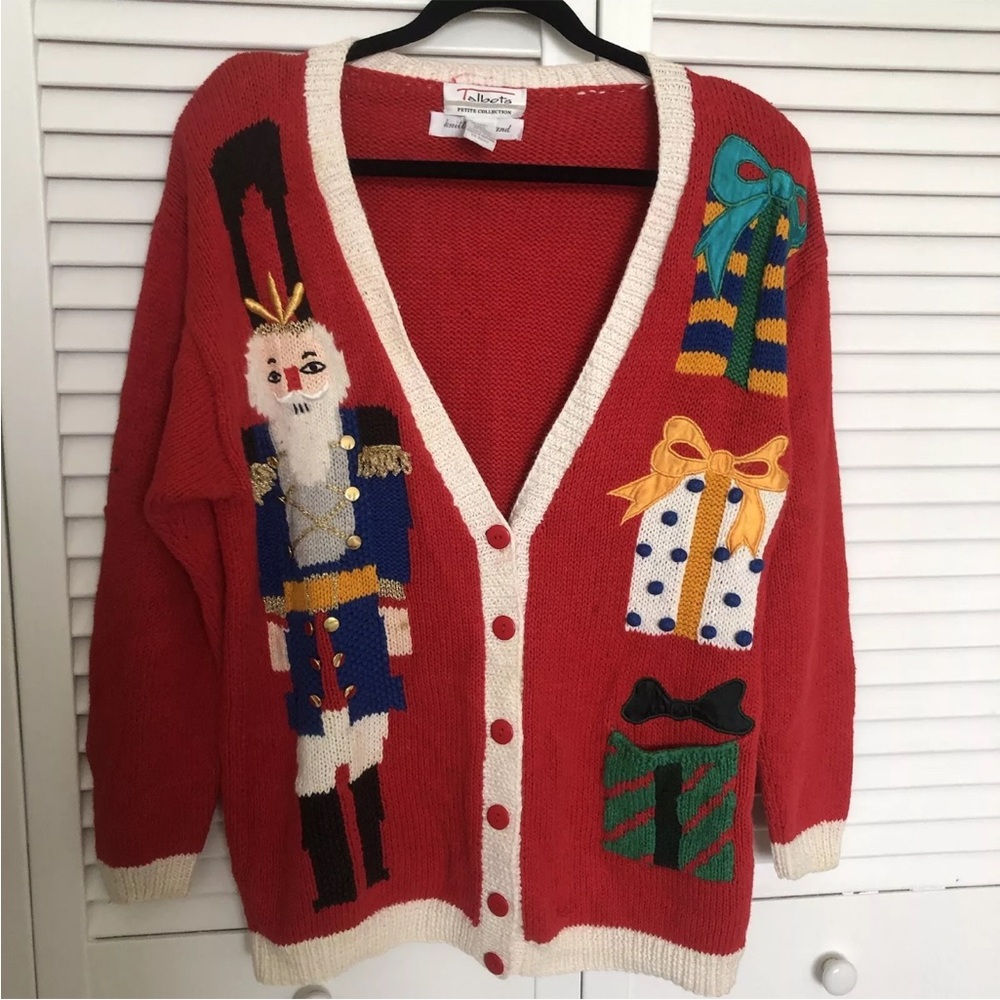 Talbots Petites Nutcracker Presents Ugly Xmas Sweater L XL Blue Gold Vintage 80s